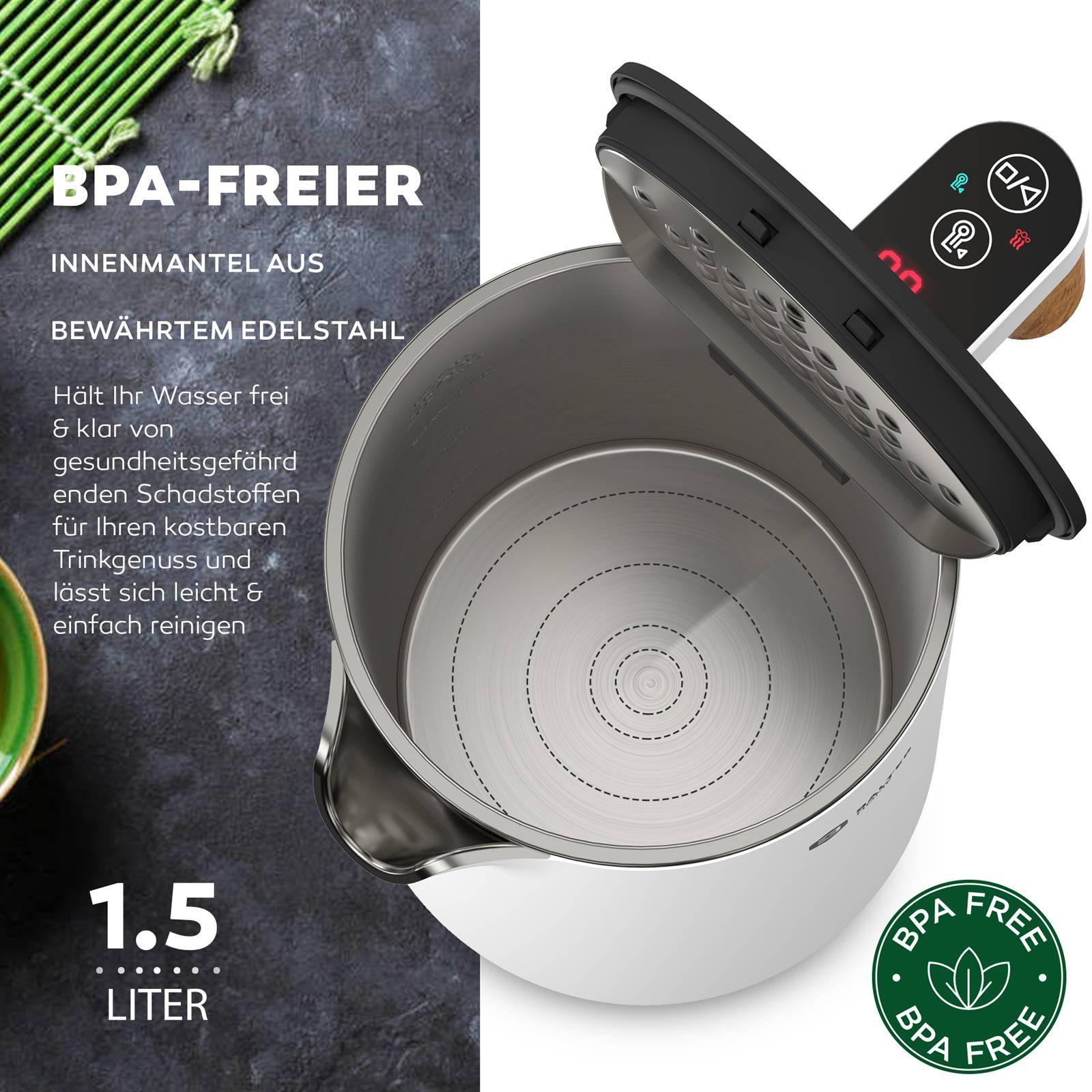 BALTER Edelstahl Wasserkocher mit Temperatureinstellung, 45°C-100°C, Doppelwand, BPA frei, leise & kabellos, Warmhaltefunktion, Teekocher mit Temper