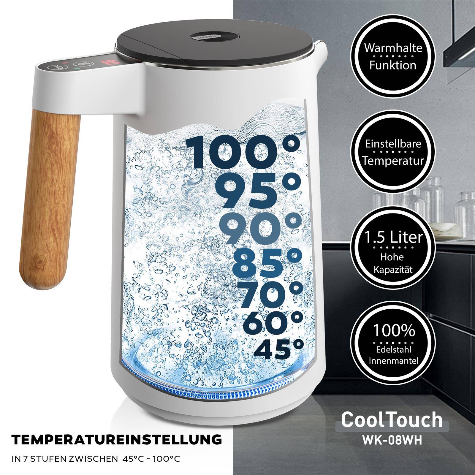 BALTER Edelstahl Wasserkocher mit Temperatureinstellung, 45°C-100°C, Doppelwand, BPA frei, leise & kabellos, Warmhaltefunktion, Teekocher mit Temper
