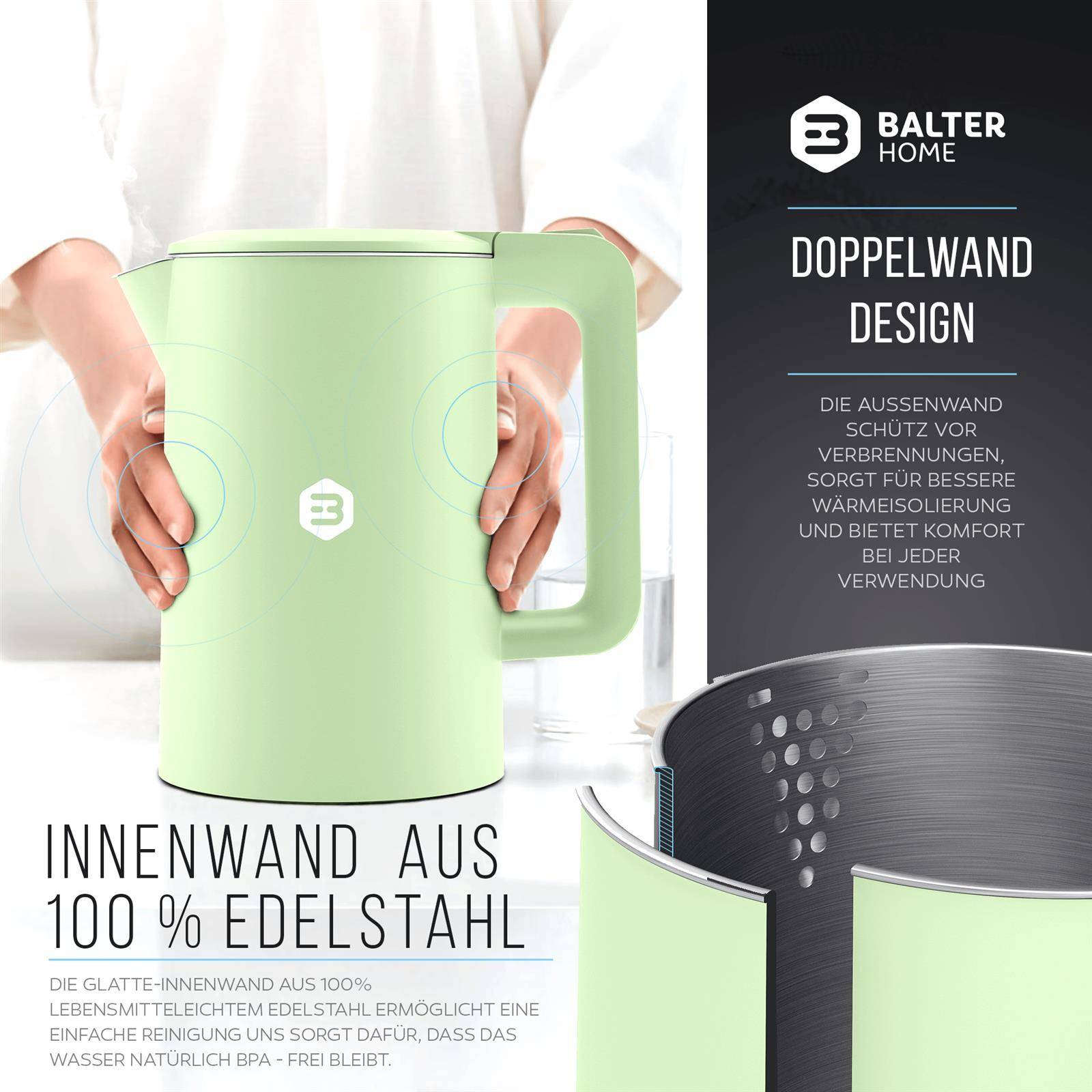 Balter Wasserkocher Edelstahl WK-4, 1,7 Liter, elektrischer Wasserkocher, Doppelwand Design, BPA frei, LED, Teekocher Kompakt, leise (Mint)