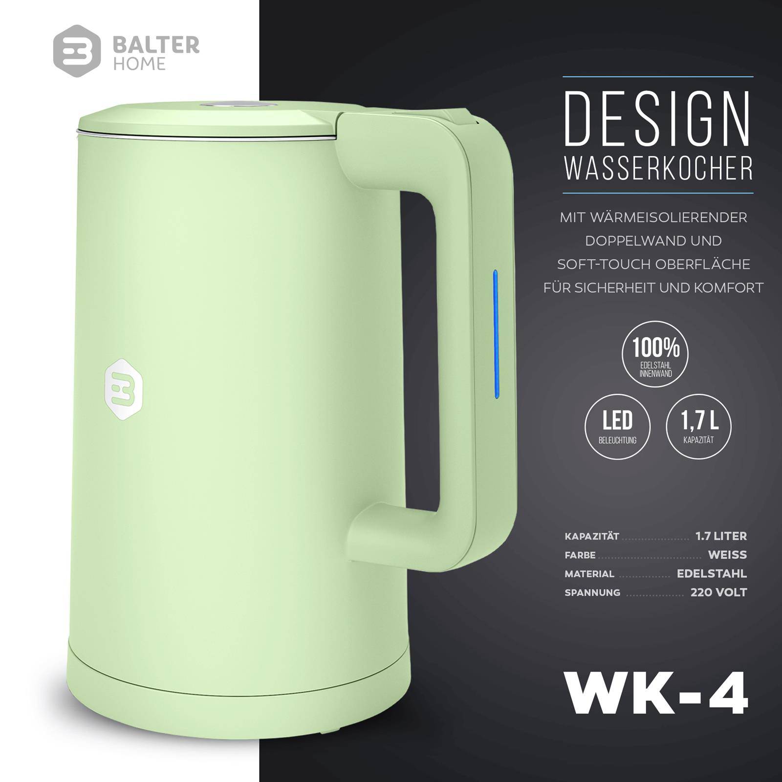 Balter Wasserkocher Edelstahl WK-4, 1,7 Liter, elektrischer Wasserkocher, Doppelwand Design, BPA frei, LED, Teekocher Kompakt, leise (Mint)
