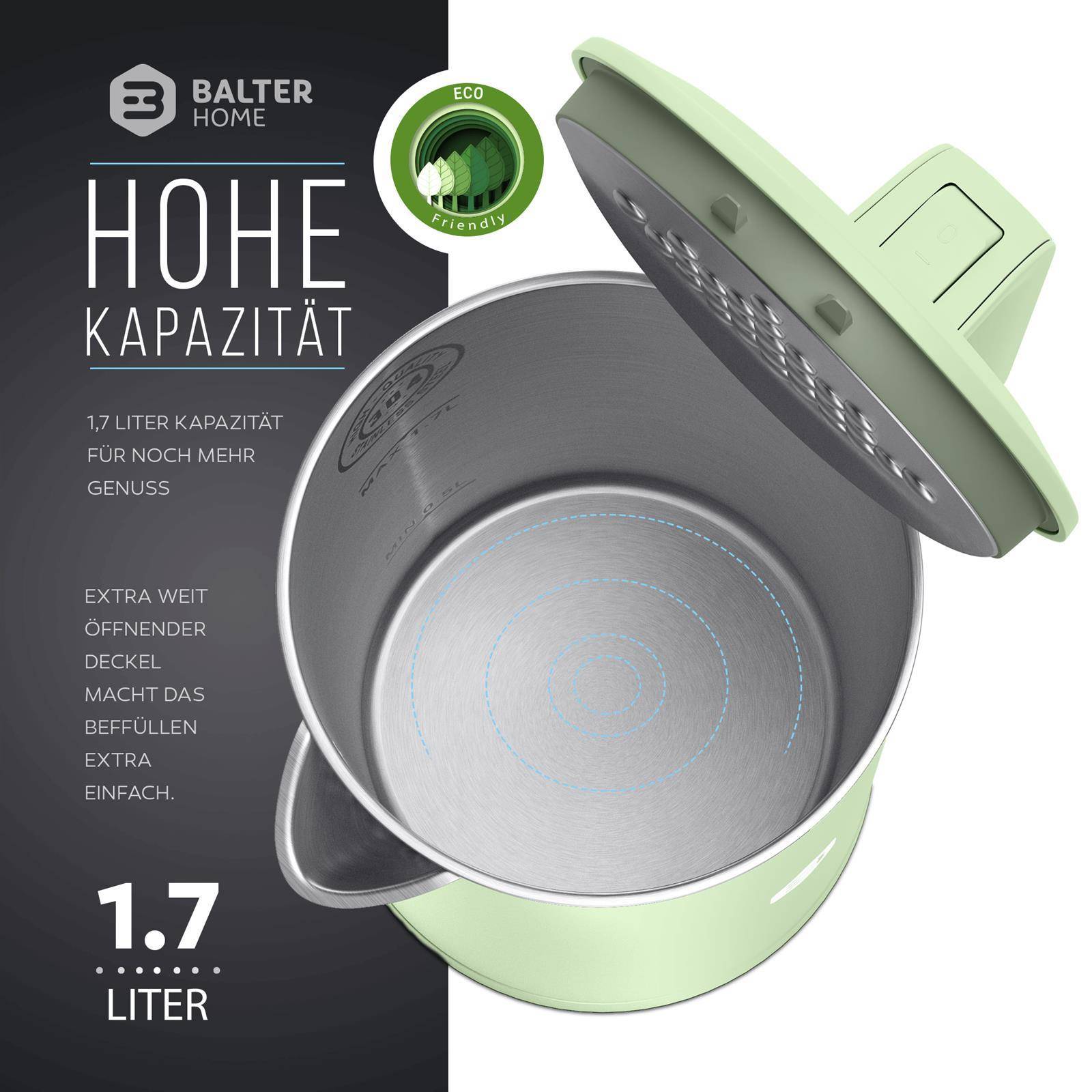 Balter Wasserkocher Edelstahl WK-4, 1,7 Liter, elektrischer Wasserkocher, Doppelwand Design, BPA frei, LED, Teekocher Kompakt, leise (Mint)
