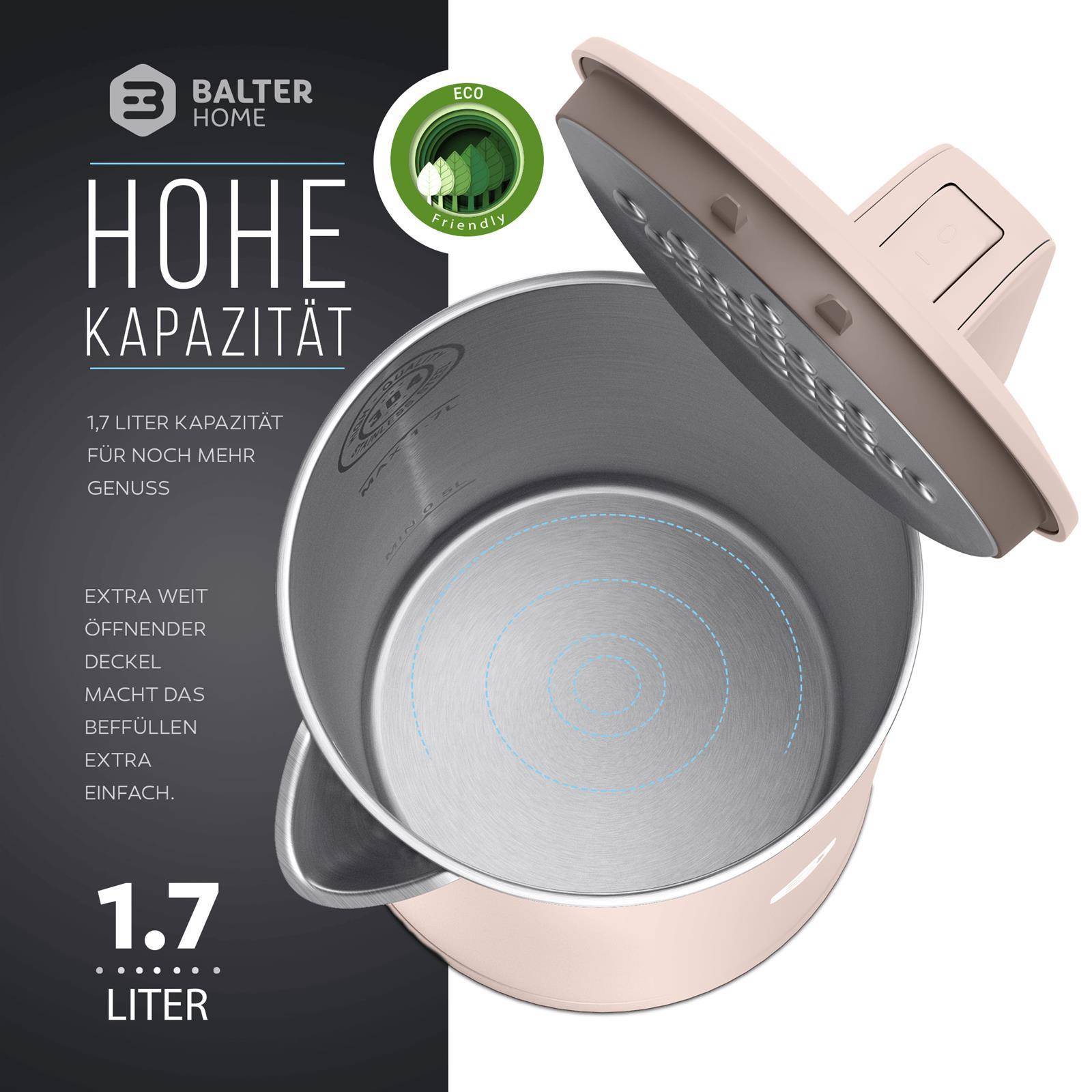 Balter Wasserkocher Edelstahl WK-4, 1,7 Liter, elektrischer Wasserkocher, Doppelwand Design, BPA frei, LED, Teekocher Kompakt, leise (Pink)