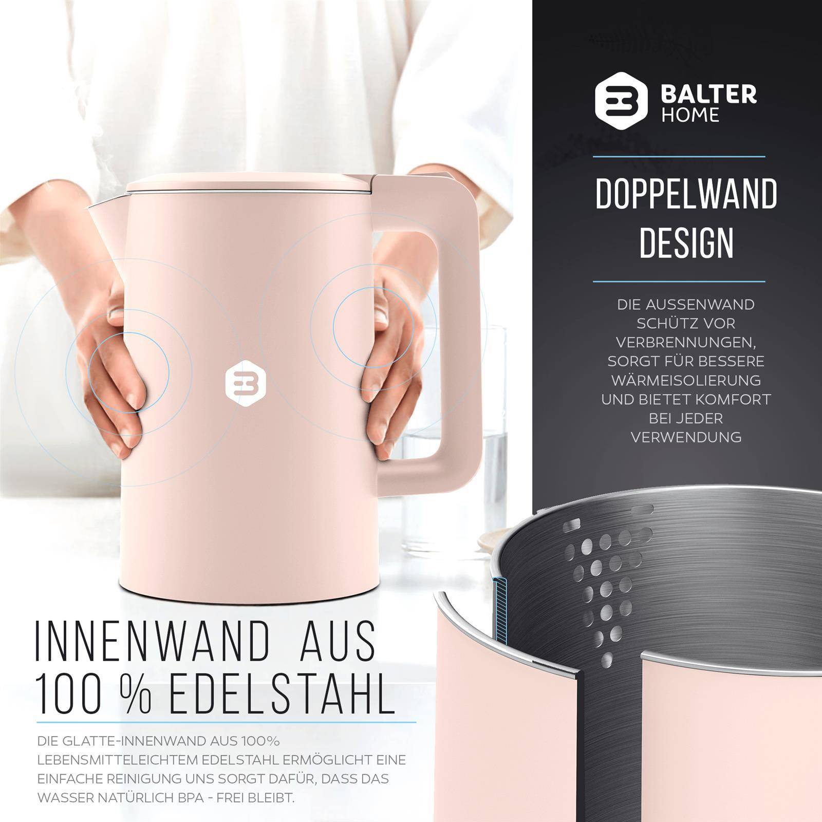 Balter Wasserkocher Edelstahl WK-4, 1,7 Liter, elektrischer Wasserkocher, Doppelwand Design, BPA frei, LED, Teekocher Kompakt, leise (Pink)