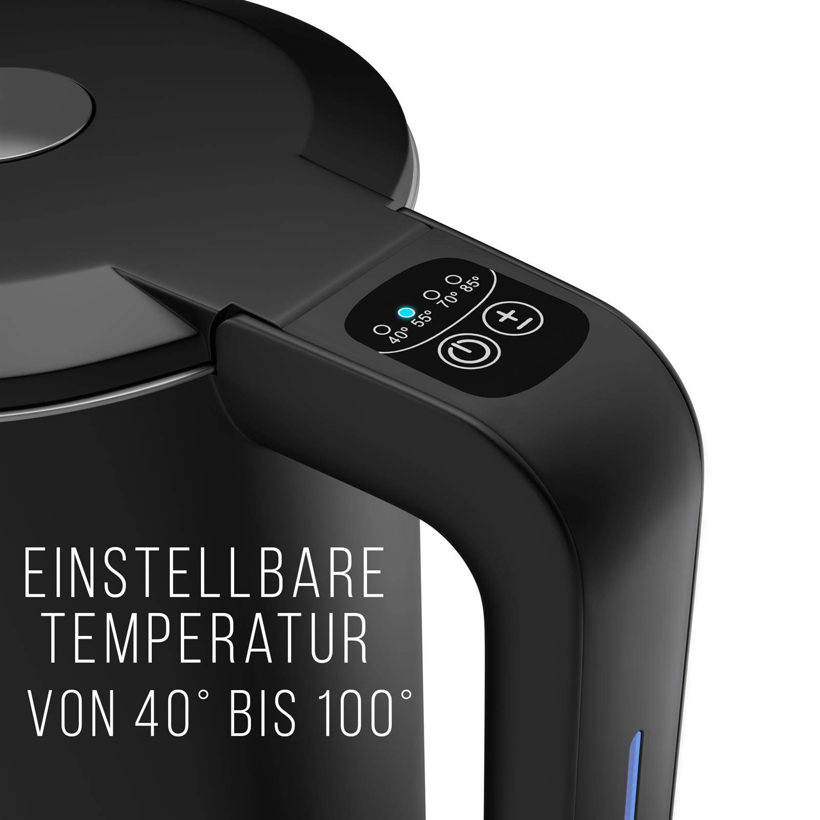 Balter Edelstahl Wasserkocher mit Temperatureinstellung, 40°C-100°C, Doppelwand, BPA frei, 1,7L, Schwarz, WK-04-Touch