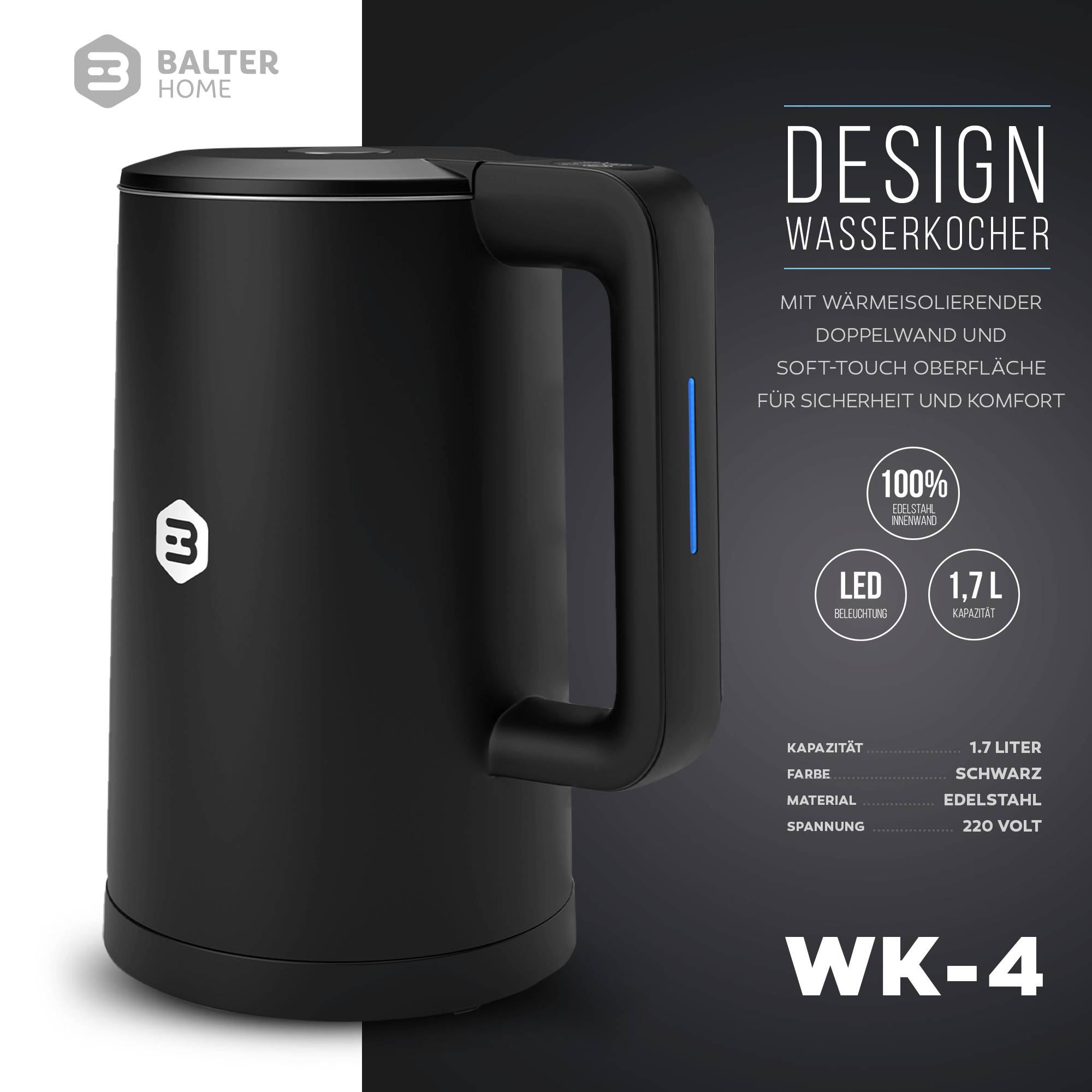 Balter Edelstahl Wasserkocher mit Temperatureinstellung, 40°C-100°C, Doppelwand, BPA frei, 1,7L, Schwarz, WK-04-Touch
