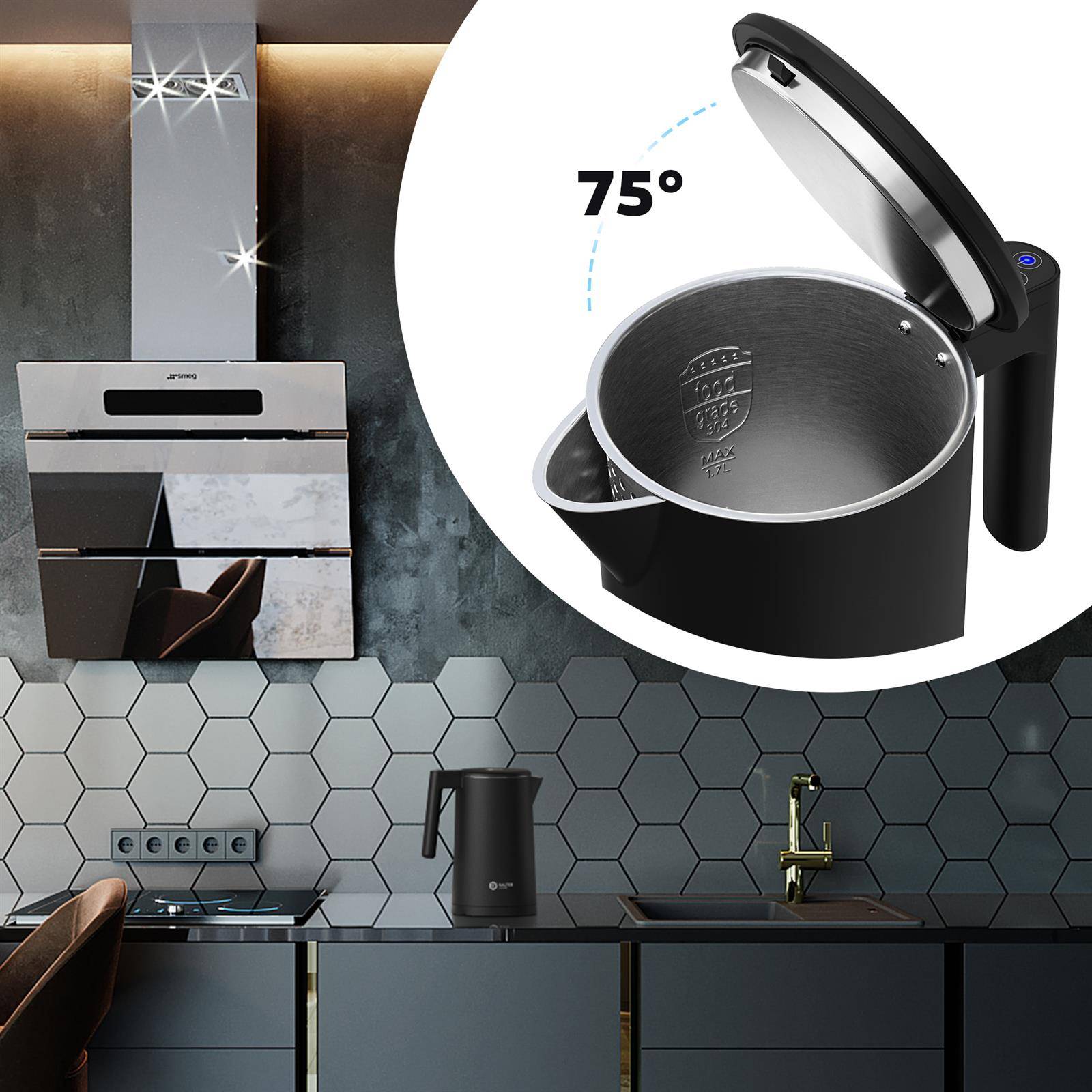 Balter Edelstahl Wasserkocher mit Temperatureinstellung, 40°C-100°C, Doppelwand, BPA frei, 1,7L, Schwarz, WK-04-Touch