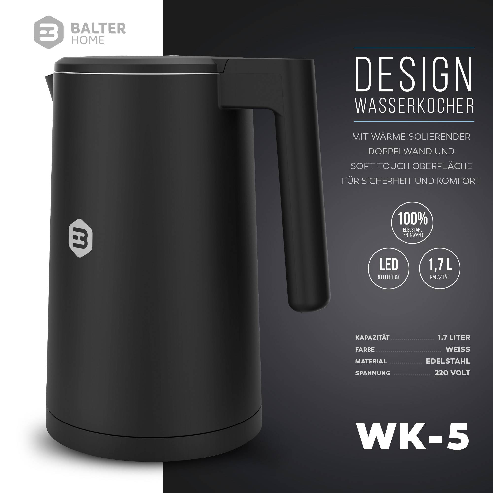 Balter Edelstahl Wasserkocher mit Temperatureinstellung, 40°C-100°C, Doppelwand, BPA frei, 1,7L, Schwarz, WK-04-Touch