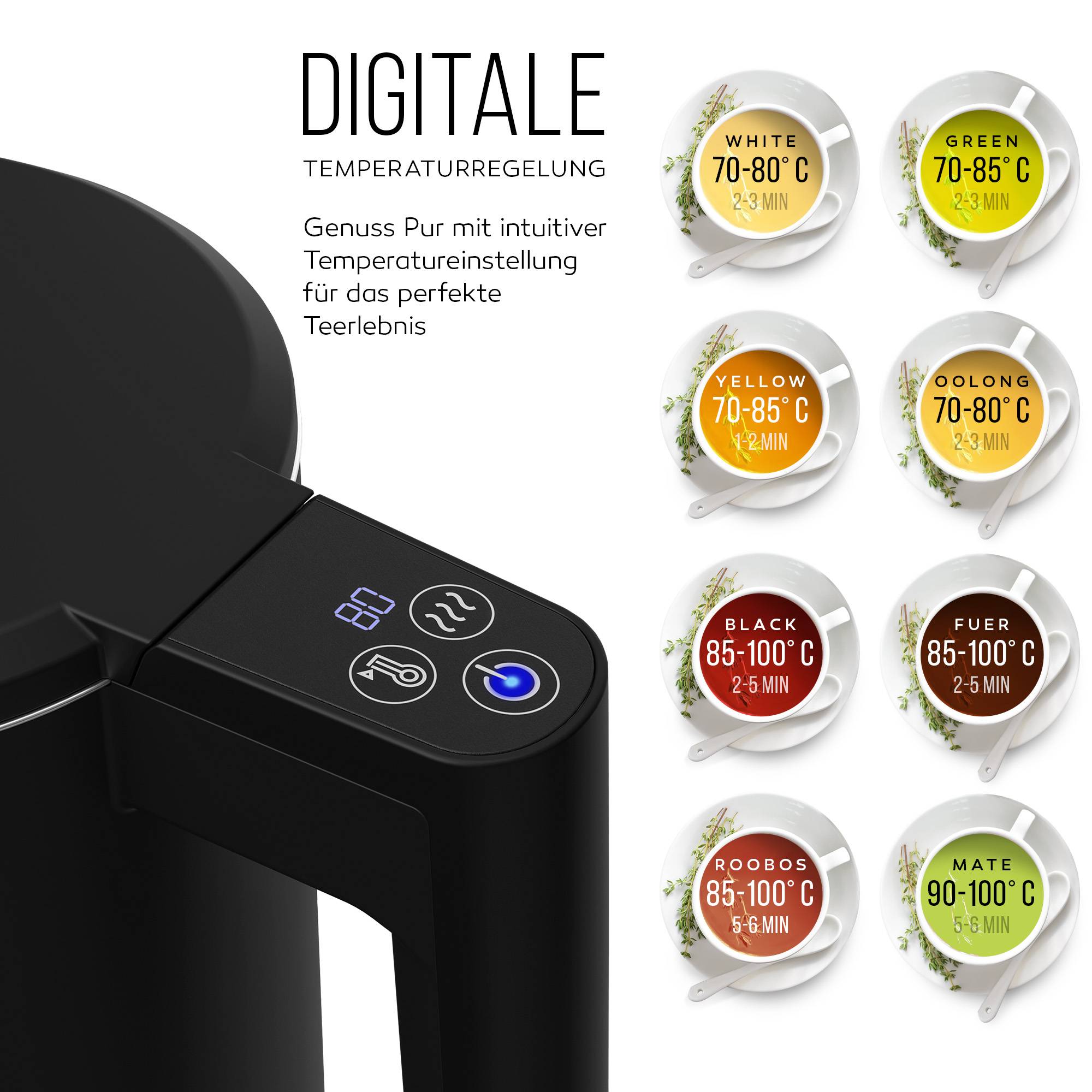 Balter Edelstahl Wasserkocher mit Temperatureinstellung, 40°C-100°C, Doppelwand, BPA frei, 1,7L, Schwarz, WK-04-Touch