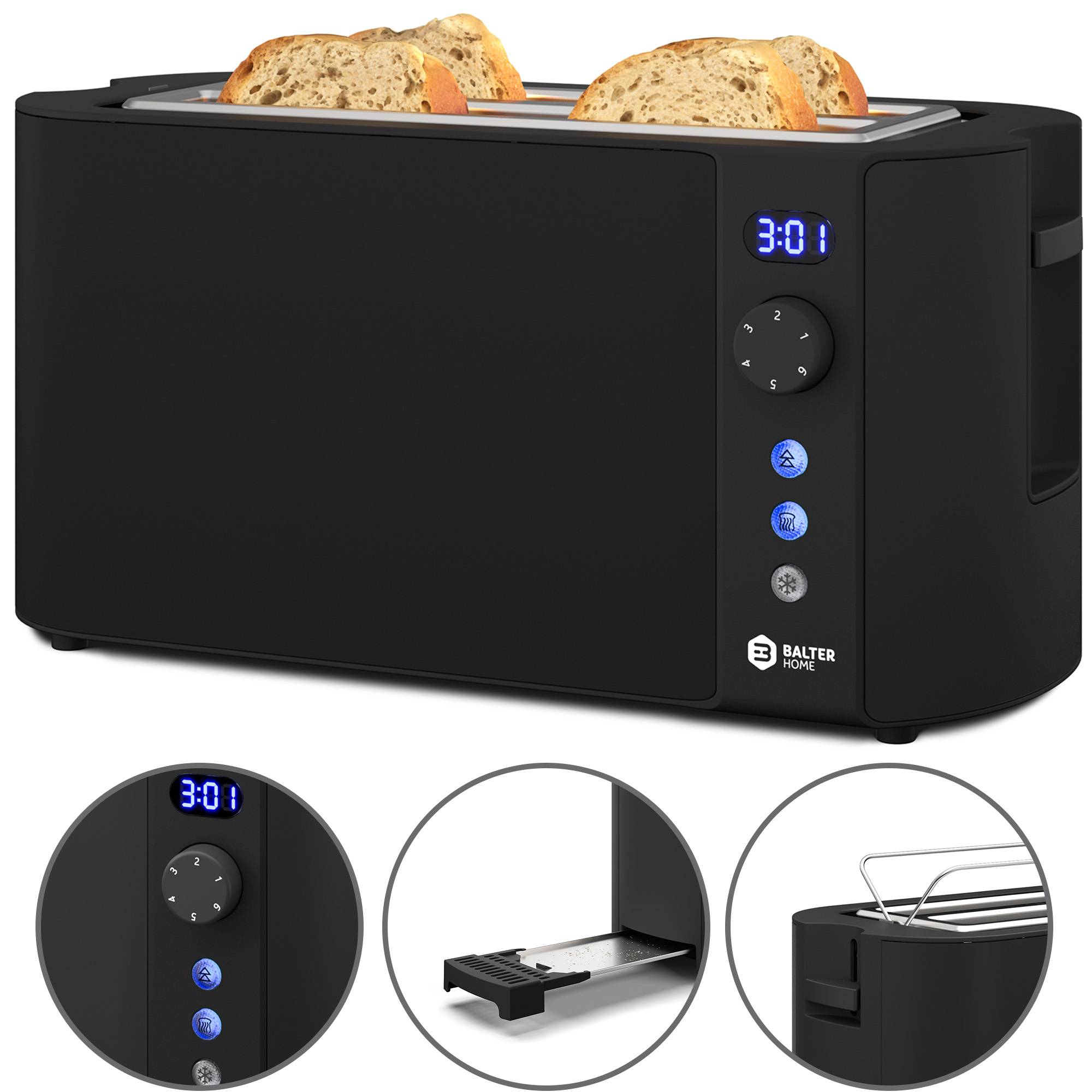 Balter Toaster 4 Scheiben, Langschlitz, Edelstahl, Brötchenaufsatz, LCD Display mit Restzeitanzeige, Auftaufunktion, Brotzentrierung, Krümelschublad