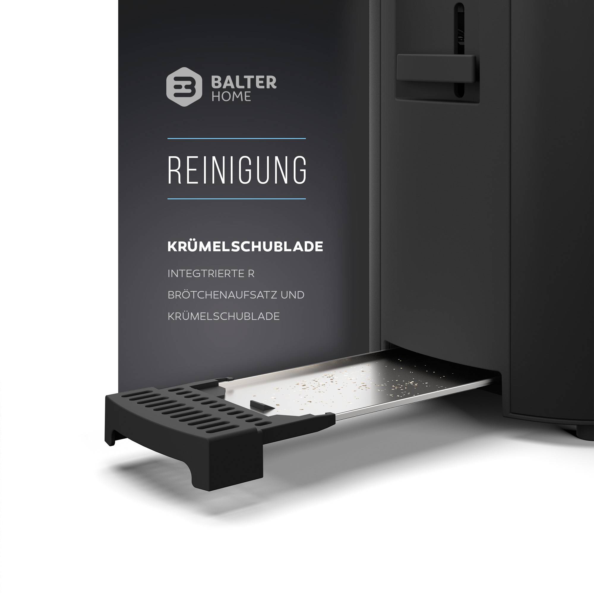 Balter Toaster 4 Scheiben, Langschlitz, Edelstahl, Brötchenaufsatz, LCD Display mit Restzeitanzeige, Auftaufunktion, Brotzentrierung, Krümelschublad