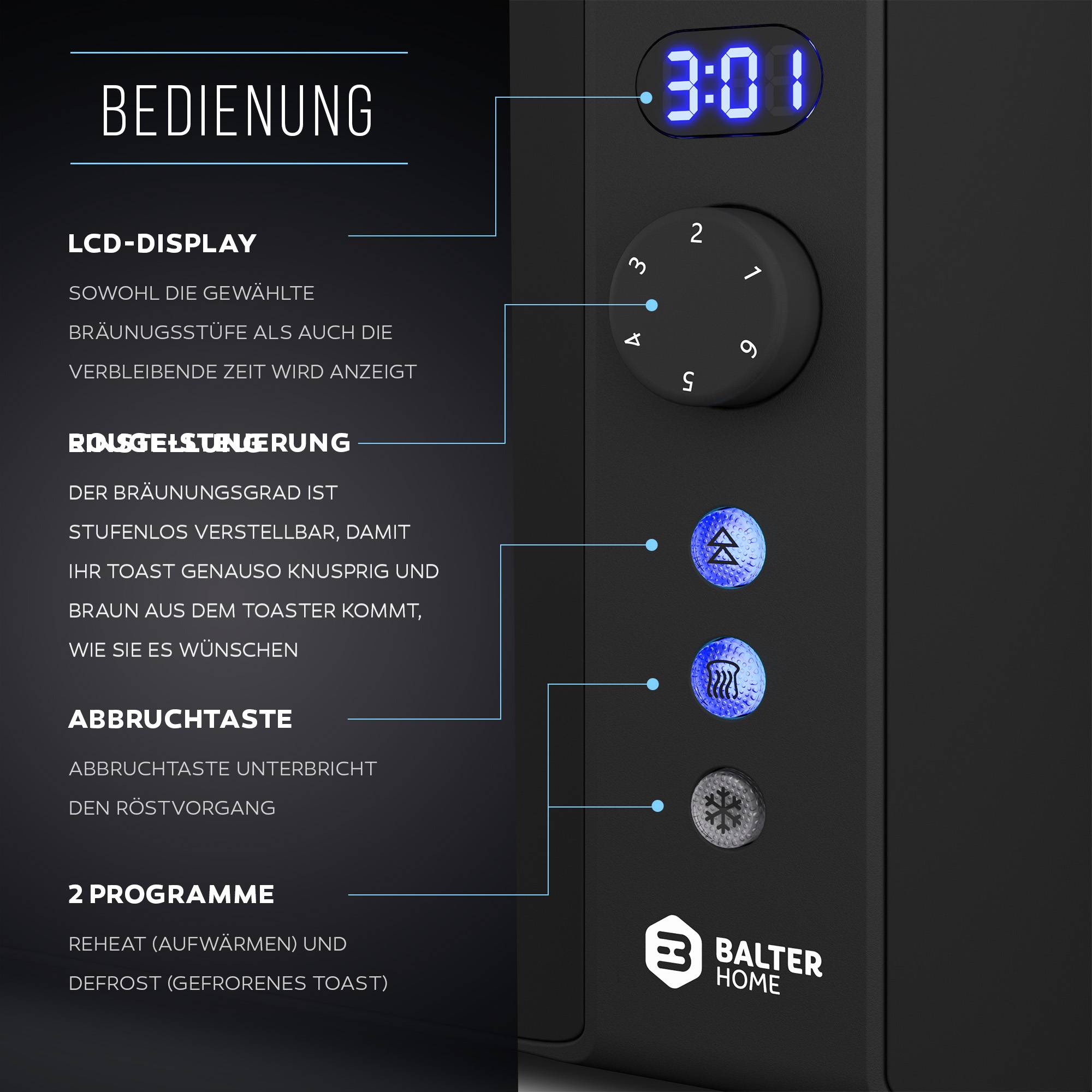 Balter Toaster 4 Scheiben, Langschlitz, Edelstahl, Brötchenaufsatz, LCD Display mit Restzeitanzeige, Auftaufunktion, Brotzentrierung, Krümelschublad