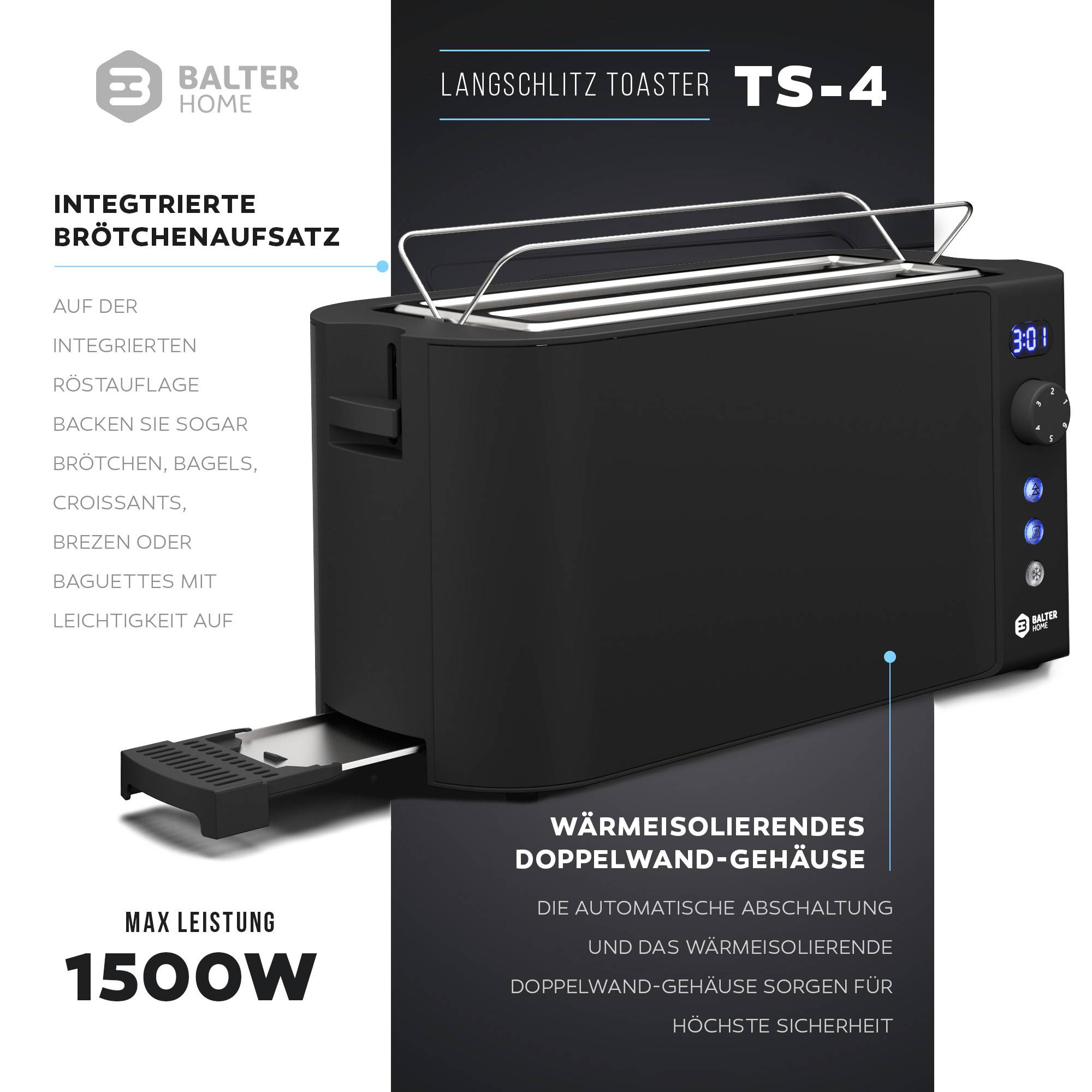 Balter Toaster 4 Scheiben, Langschlitz, Edelstahl, Brötchenaufsatz, LCD Display mit Restzeitanzeige, Auftaufunktion, Brotzentrierung, Krümelschublad