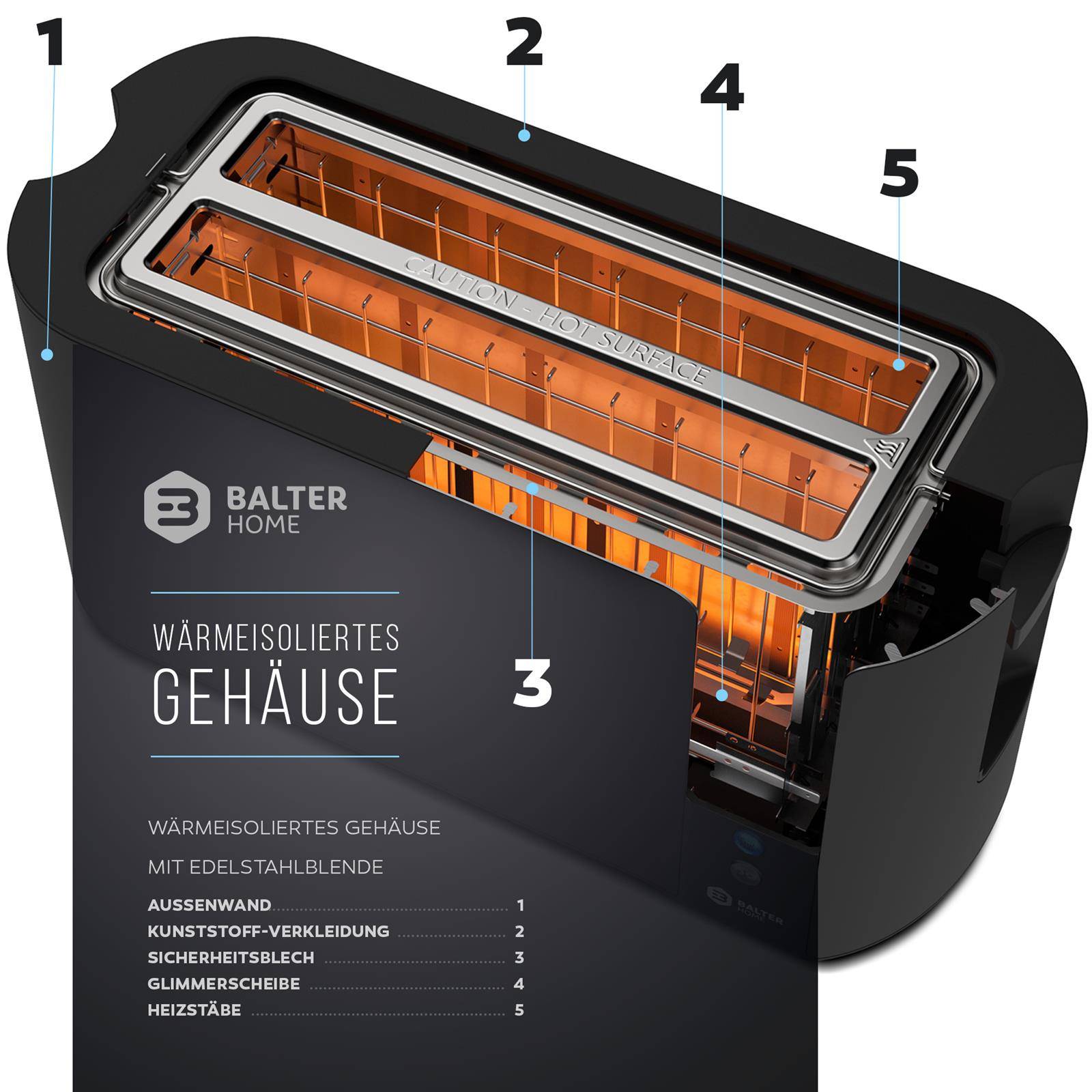 Balter Toaster 4 Scheiben, Langschlitz, Edelstahl, Brötchenaufsatz, LCD Display mit Restzeitanzeige, Auftaufunktion, Brotzentrierung, Krümelschublad