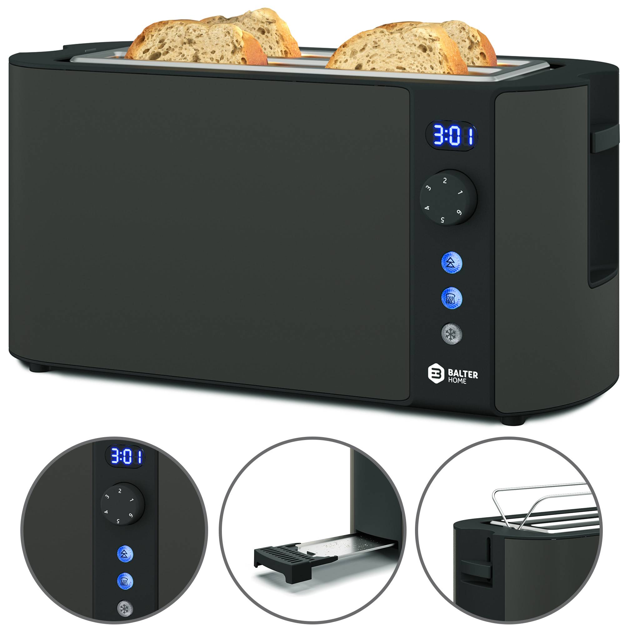 Balter Toaster 4 Scheiben, Langschlitz, Edelstahl, Brötchenaufsatz, LCD Display mit Restzeitanzeige, Auftaufunktion, Brotzentrierung, Krümelschublad