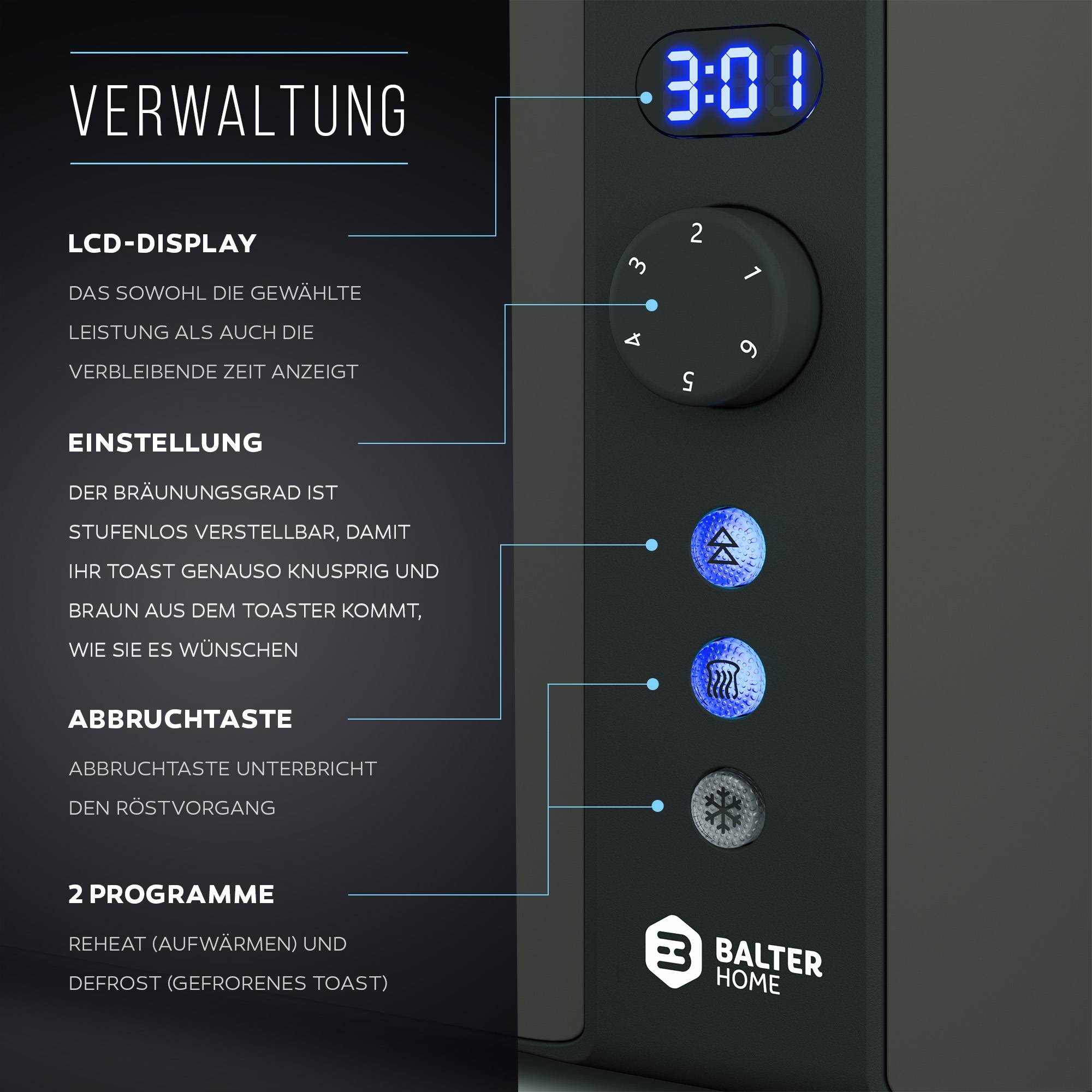 Balter Toaster 4 Scheiben, Langschlitz, Edelstahl, Brötchenaufsatz, LCD Display mit Restzeitanzeige, Auftaufunktion, Brotzentrierung, Krümelschublad
