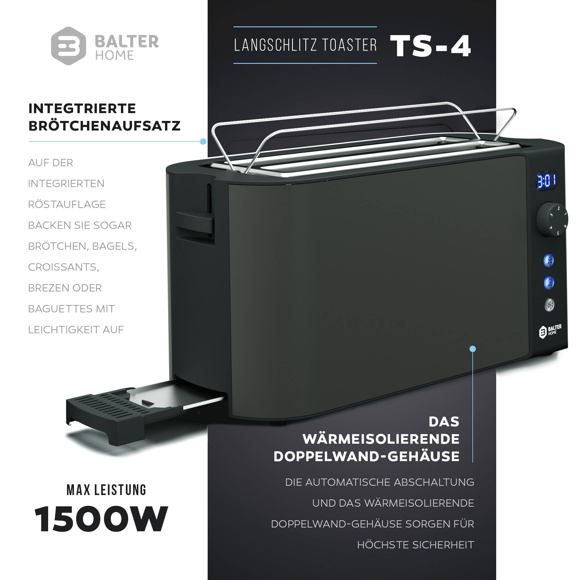 Balter Toaster 4 Scheiben, Langschlitz, Edelstahl, Brötchenaufsatz, LCD Display mit Restzeitanzeige, Auftaufunktion, Brotzentrierung, Krümelschublad
