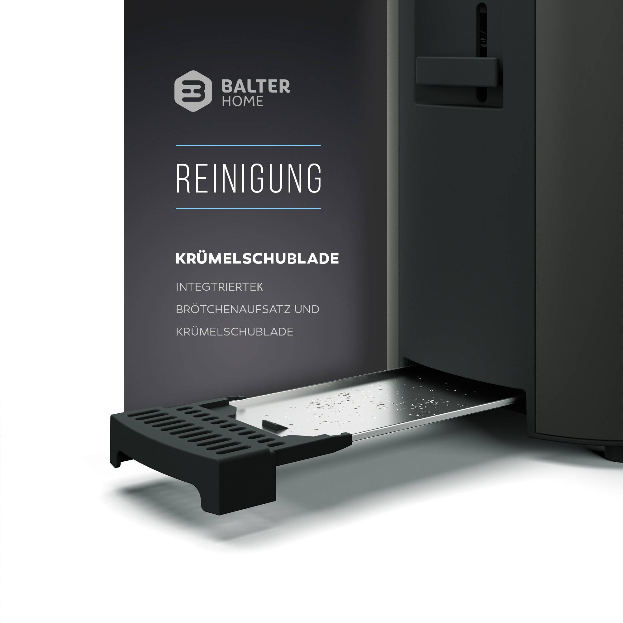 Balter Toaster 4 Scheiben, Langschlitz, Edelstahl, Brötchenaufsatz, LCD Display mit Restzeitanzeige, Auftaufunktion, Brotzentrierung, Krümelschublad