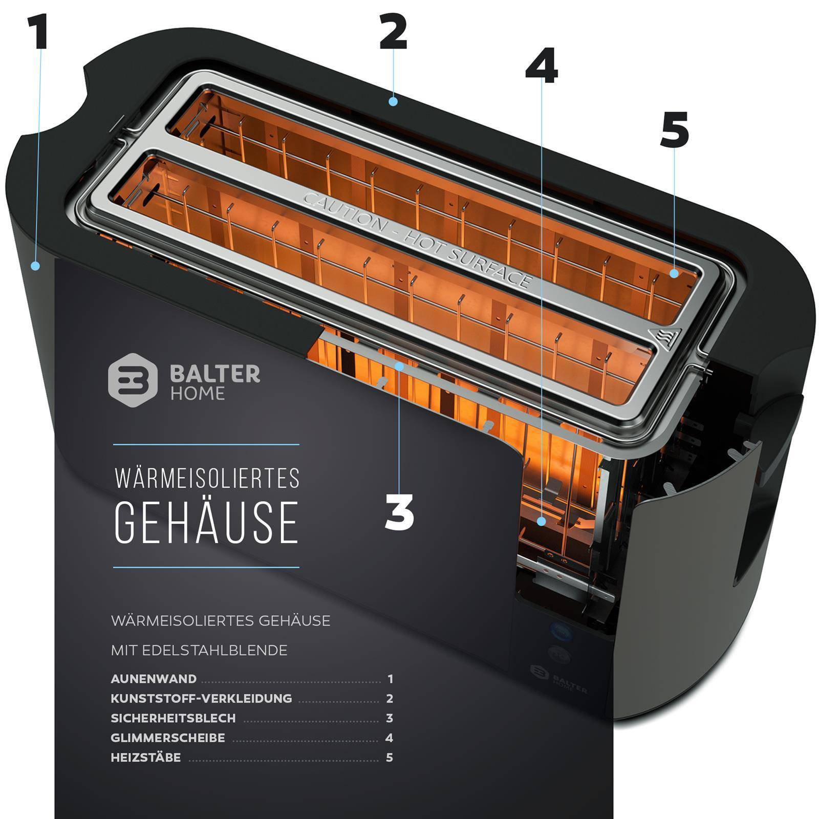 Balter Toaster 4 Scheiben, Langschlitz, Edelstahl, Brötchenaufsatz, LCD Display mit Restzeitanzeige, Auftaufunktion, Brotzentrierung, Krümelschublad