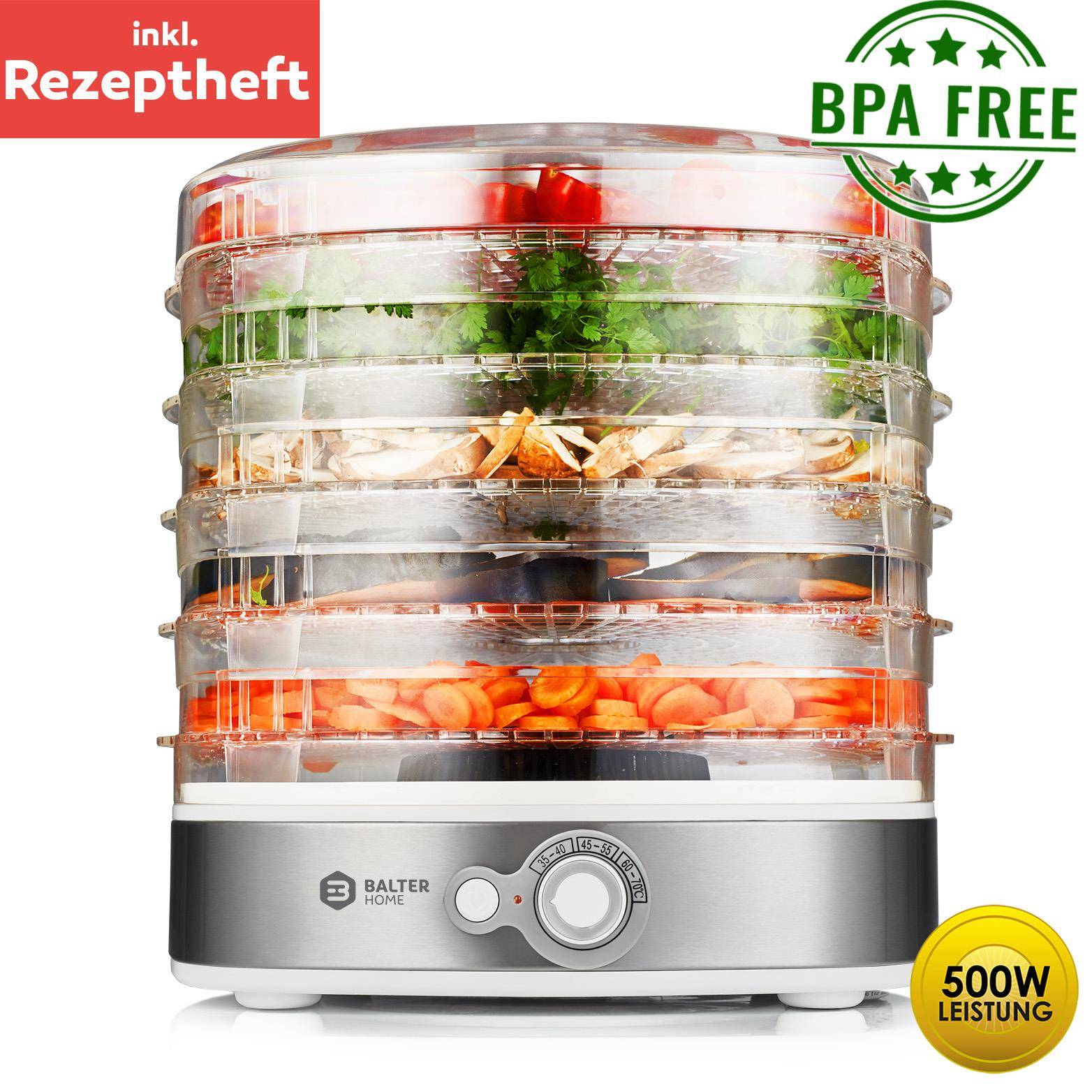 Balter Seco Dörrgerät 380 W mit Temperaturregler von 35-70°C 5 höhenverstellbare Etagen Dörrautomat Dörrgerät Obsttrockner Dörrapparat Tempera