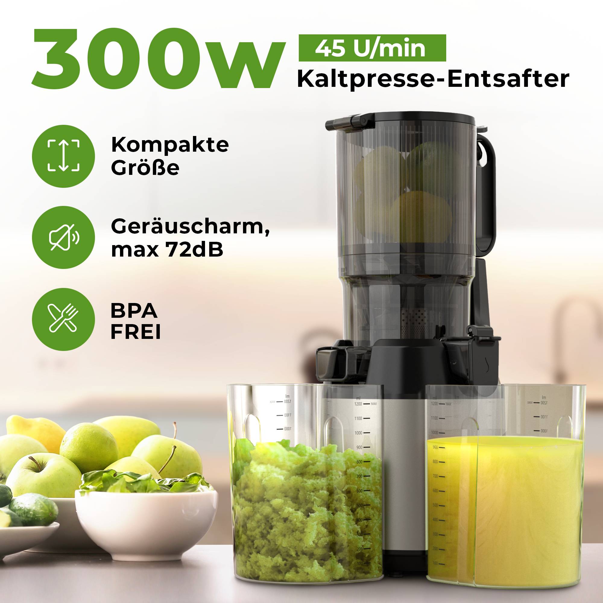Balter Entsafter Slow Juicer, Große 135MM Öffnung, 300 Watt, Entsafter für Gemüse und Obst, Früchte, Saftpresse, BPA Frei, leise