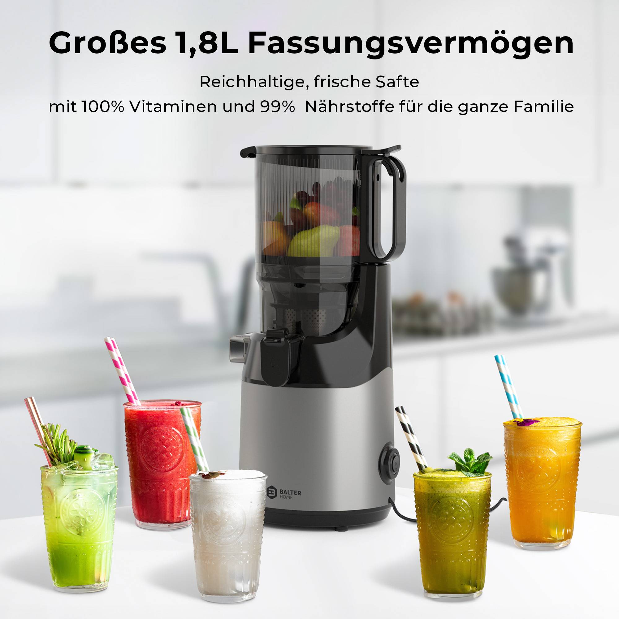 Balter Entsafter Slow Juicer, Große 135MM Öffnung, 300 Watt, Entsafter für Gemüse und Obst, Früchte, Saftpresse, BPA Frei, leise
