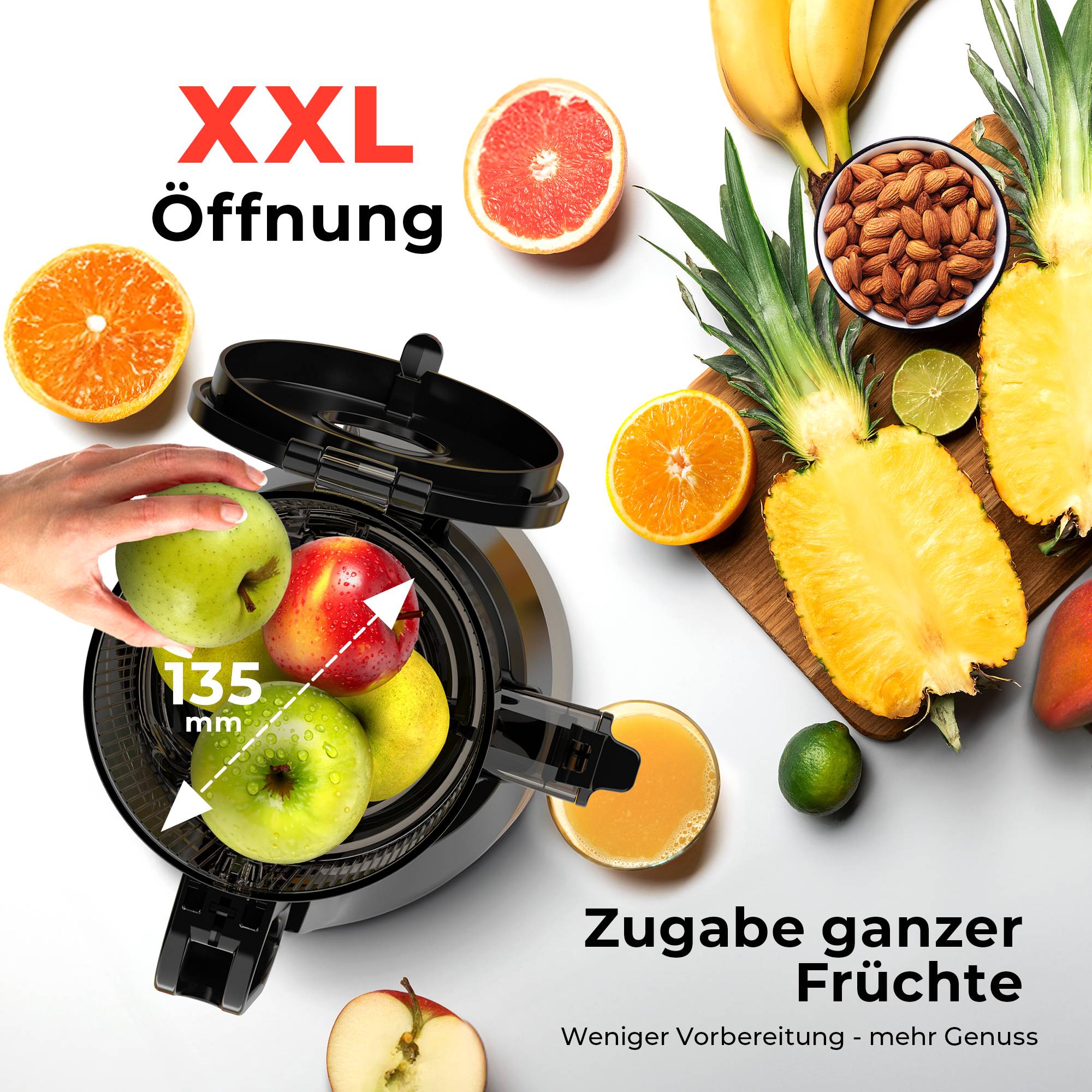 Balter Entsafter Slow Juicer, Große 135MM Öffnung, 300 Watt, Entsafter für Gemüse und Obst, Früchte, Saftpresse, BPA Frei, leise