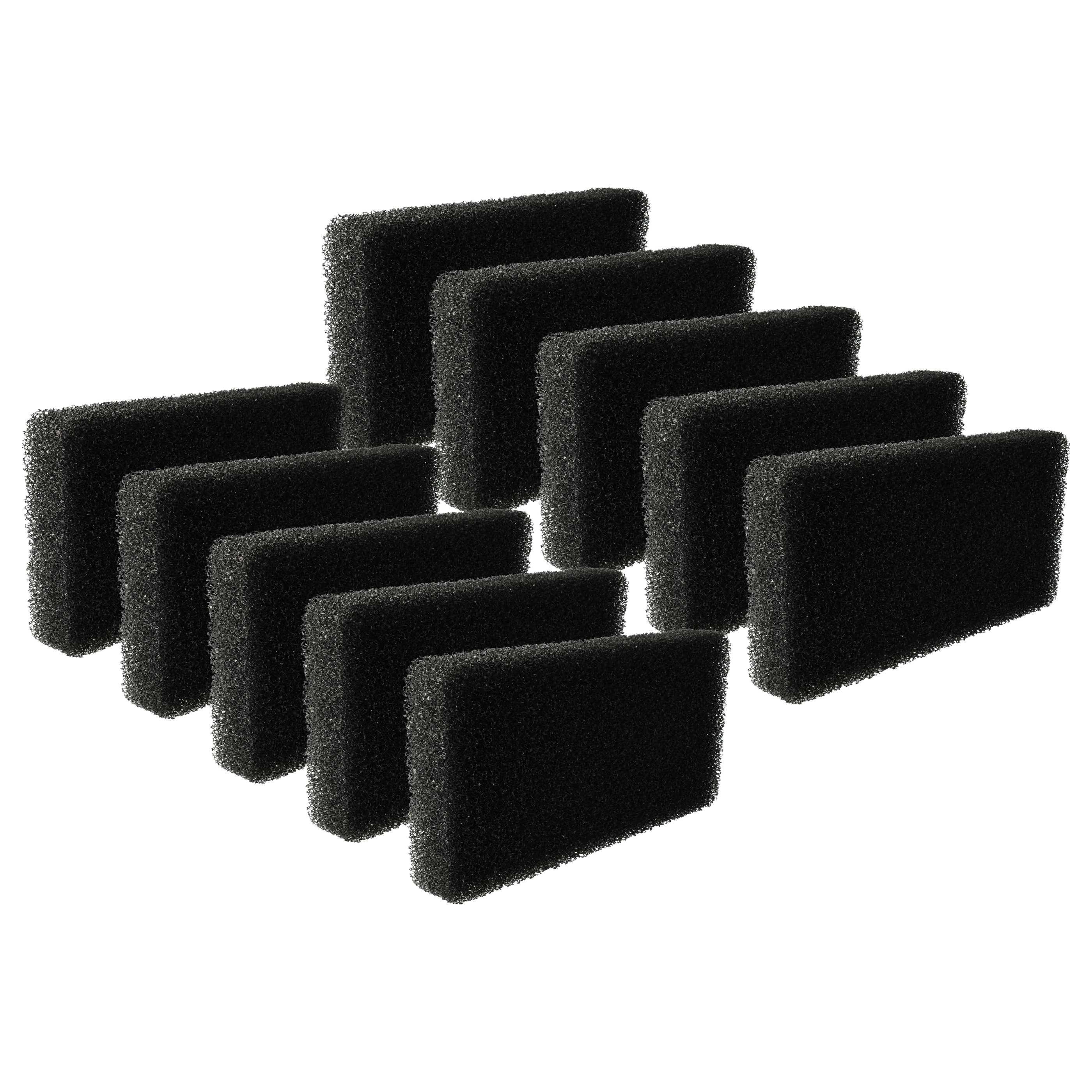 Zehn schwarze rechteckige Schaumstofffilter in zwei versetzten Reihen angeordnet, verwendet für Filtrationszwecke in verschiedenen Geräten.