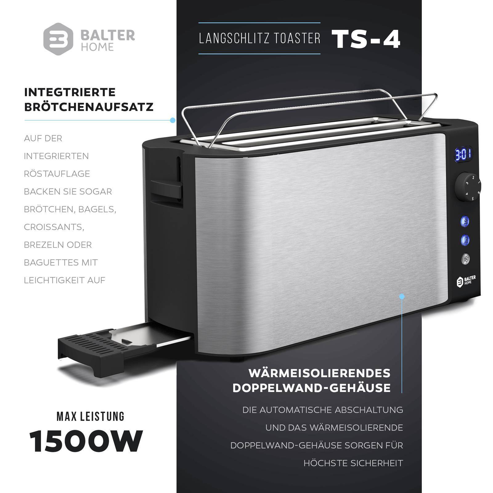 Balter Toaster 4 Scheiben, Langschlitz, Edelstahl, Brötchenaufsatz, LCD Display mit Restzeitanzeige, Auftaufunktion, Brotzentrierung, Krümelschublad