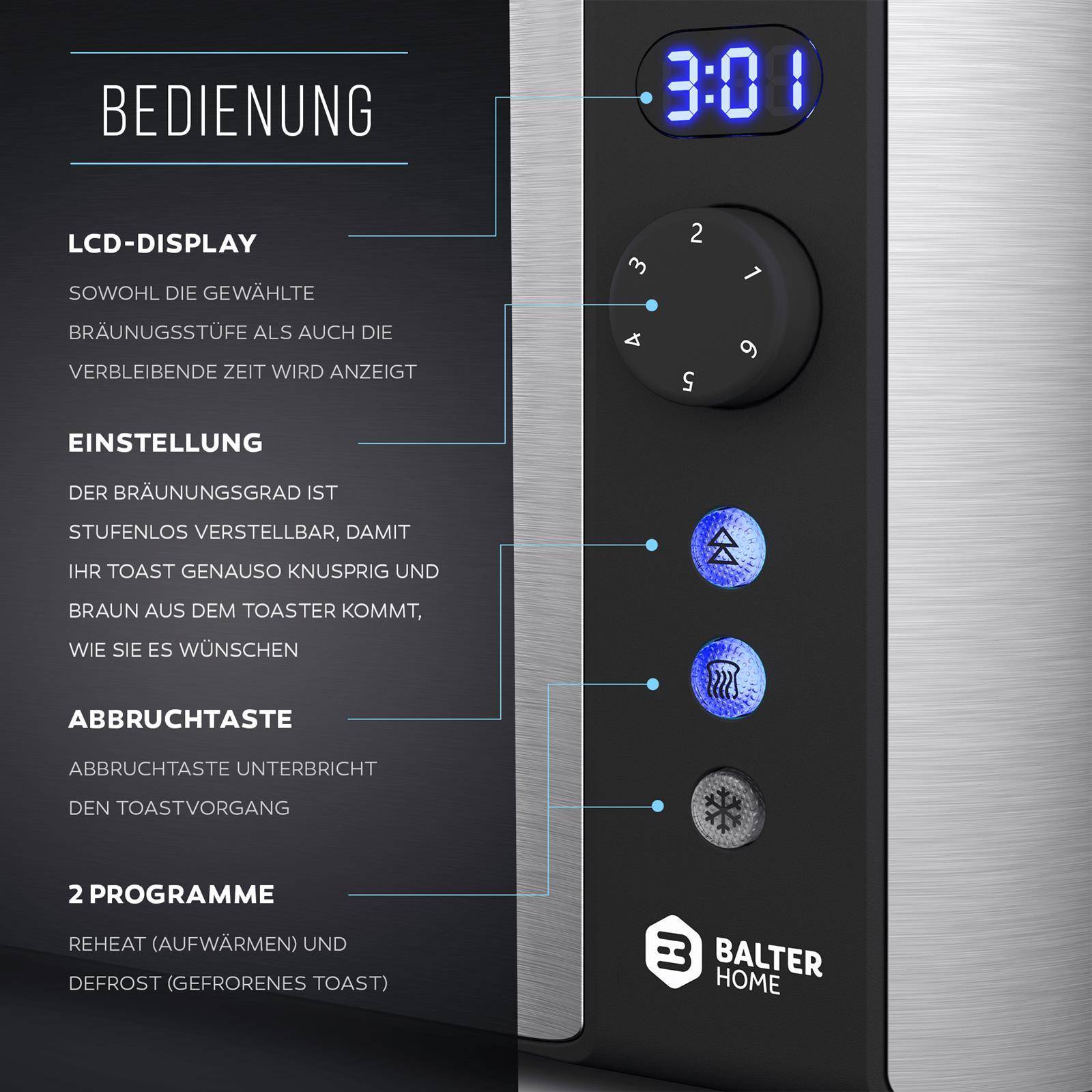 Balter Toaster 4 Scheiben, Langschlitz, Edelstahl, Brötchenaufsatz, LCD Display mit Restzeitanzeige, Auftaufunktion, Brotzentrierung, Krümelschublad