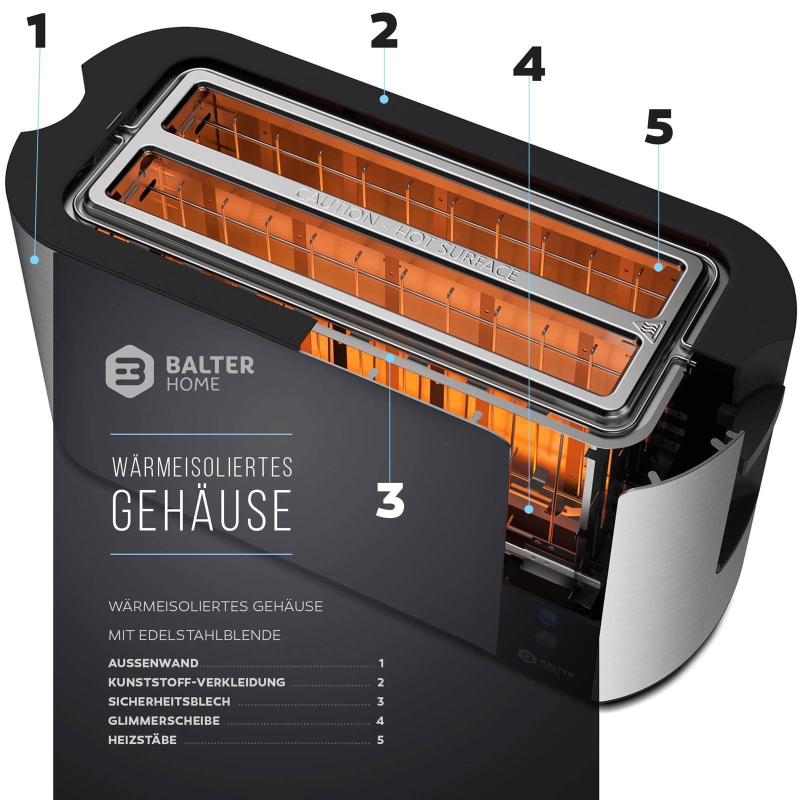 Balter Toaster 4 Scheiben, Langschlitz, Edelstahl, Brötchenaufsatz, LCD Display mit Restzeitanzeige, Auftaufunktion, Brotzentrierung, Krümelschublad