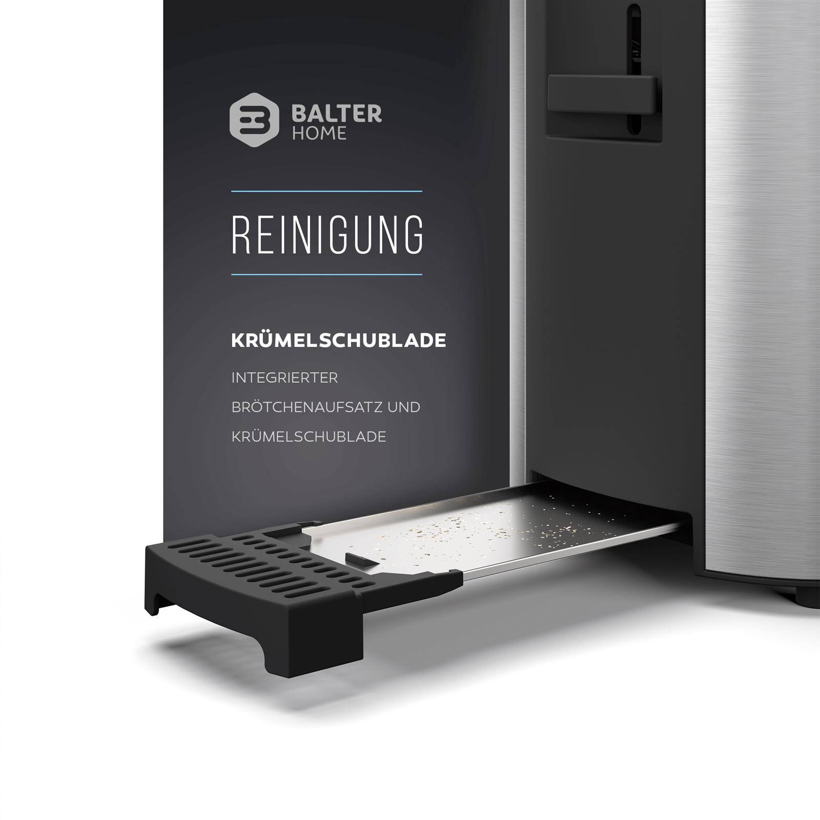 Balter Toaster 4 Scheiben, Langschlitz, Edelstahl, Brötchenaufsatz, LCD Display mit Restzeitanzeige, Auftaufunktion, Brotzentrierung, Krümelschublad