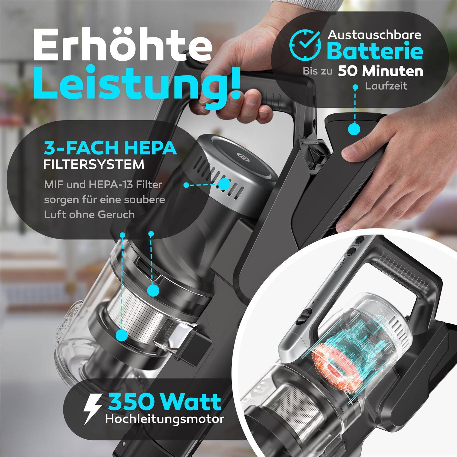 Balter Vertu X11 PRO kabelloser Akku Staubsauger mit Wischfunktion, All-IN-ONE Akku & Handstaubsauger, 350W hohe Saugleistung, bis 50 Min. Laufzeit