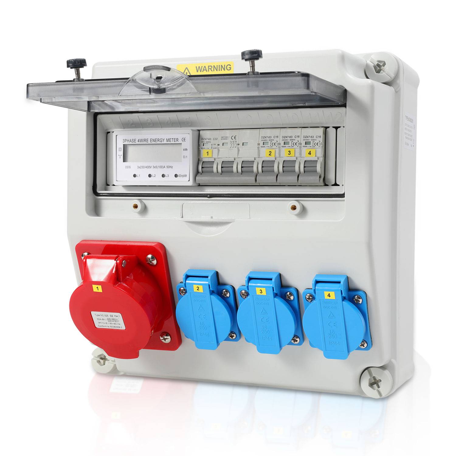 Wandverteiler mit Stromzähler 3-Phasen und MCB,5 Polig Baustromverteiler mit 3xSchuko-Steckdose und CEE-Steckdose 32A Stromverteiler für Innen und