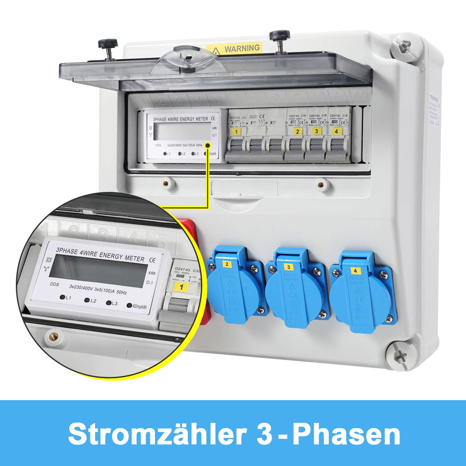 Wandverteiler mit Stromzähler 3-Phasen und MCB,5 Polig Baustromverteiler mit 3xSchuko-Steckdose und CEE-Steckdose 32A Stromverteiler für Innen und