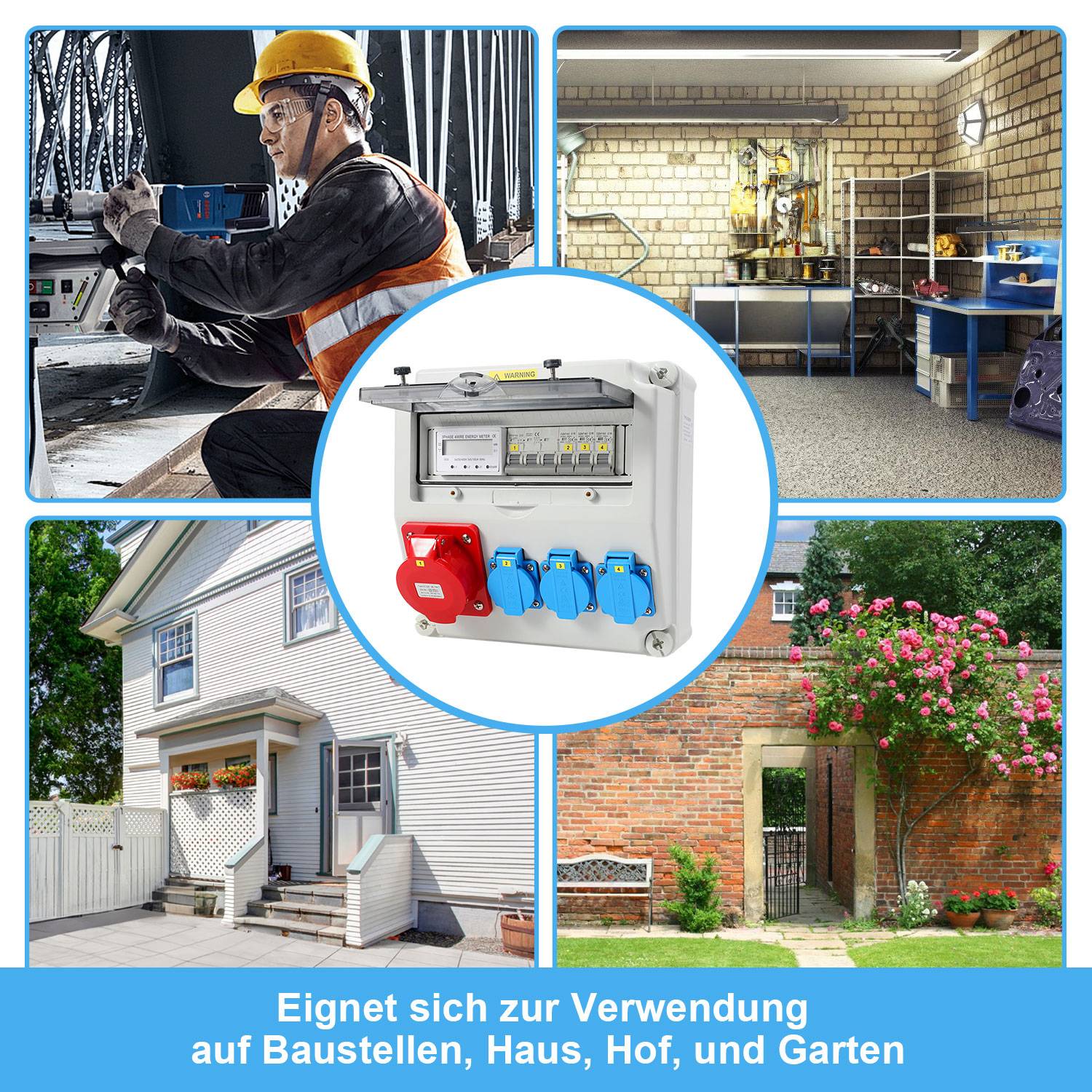 Wandverteiler mit Stromzähler 3-Phasen und MCB,5 Polig Baustromverteiler mit 3xSchuko-Steckdose und CEE-Steckdose 32A Stromverteiler für Innen und