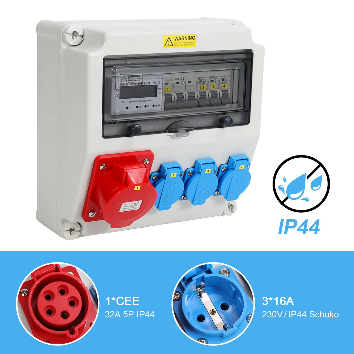 Wandverteiler mit Stromzähler 3-Phasen und MCB,5 Polig Baustromverteiler mit 3xSchuko-Steckdose und CEE-Steckdose 32A Stromverteiler für Innen und