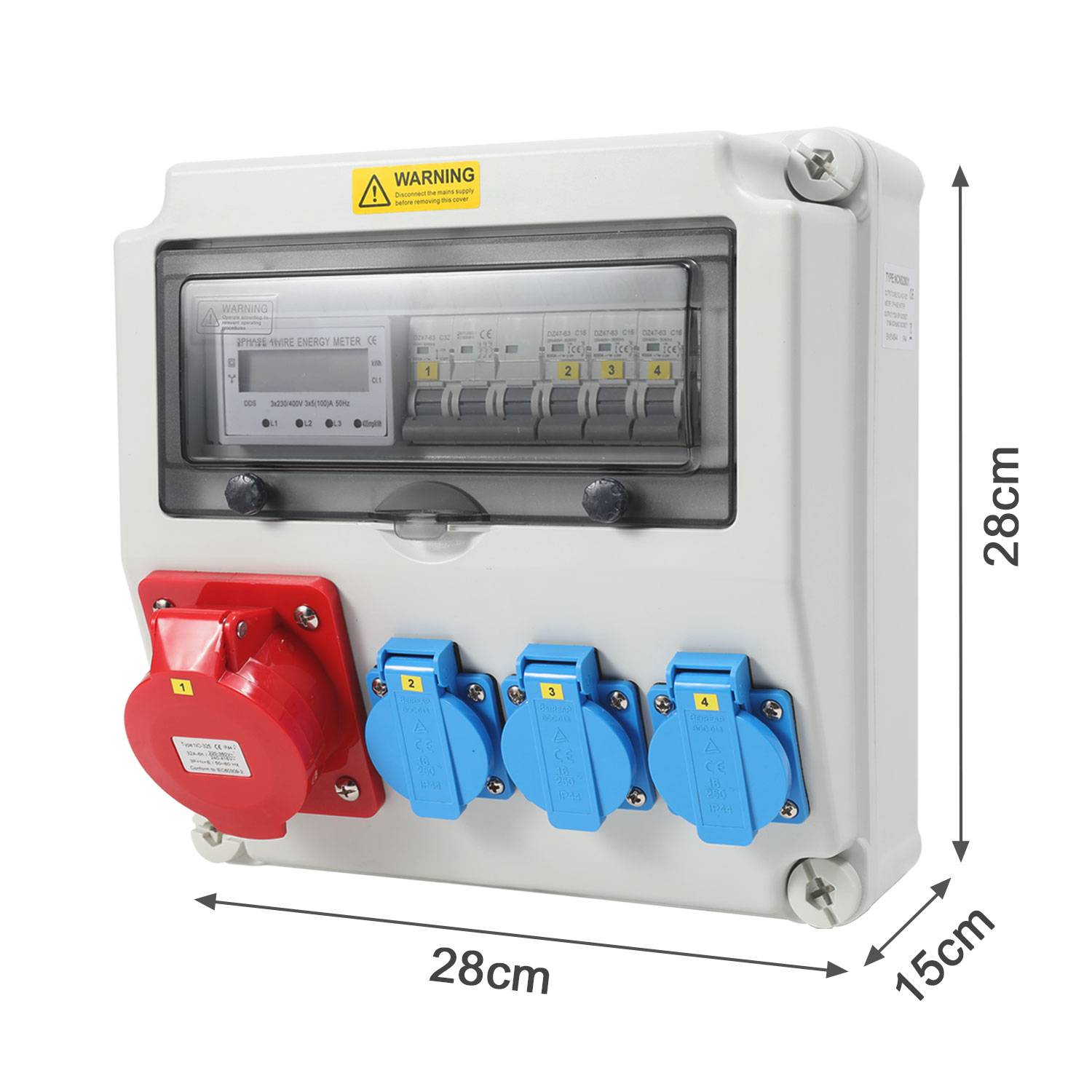 Wandverteiler mit Stromzähler 3-Phasen und MCB,5 Polig Baustromverteiler mit 3xSchuko-Steckdose und CEE-Steckdose 32A Stromverteiler für Innen und