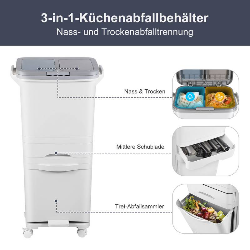 Mülleimer Küche, 42L Mülltrennsystem 3 Fächer Küchenmülleimer Weiß
