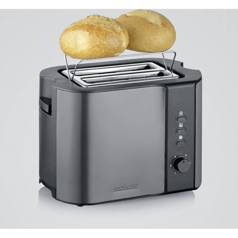Ein schwarzer Toaster mit zwei goldbraun gerösteten Brötchen oben, bereit zum Toasten. Der Toaster verfügt über Bedienknöpfe und einen Drehknopf an der Seite.