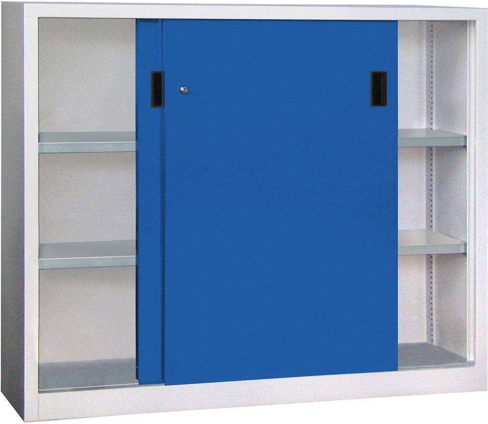 Schiebetürenschrank B1500xT400xH1200 mm 4 Böden verz. Mittelwand RAL 7035/5010 - Artikel: 7830354194