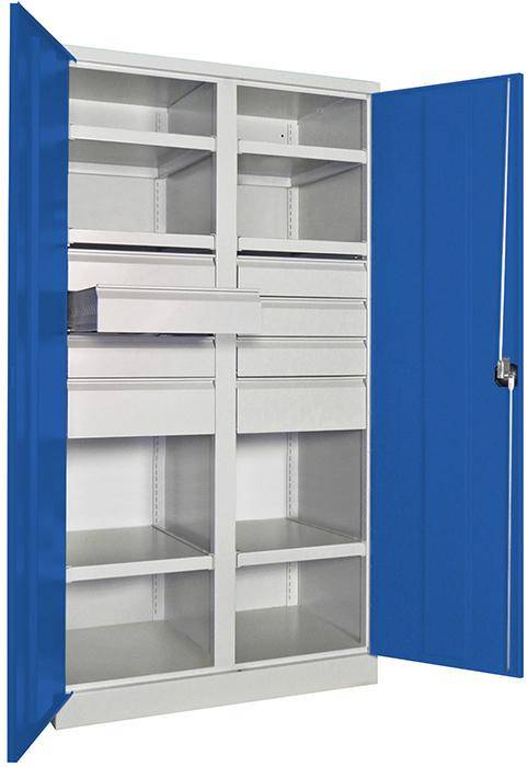 Schwerlastschrank m.TürenB1040xT630xH1950 mm 6 FB, SL 6xFH 125,2x175mmRAL 7035/5010 Mittelwand - Artikel: 7830354271