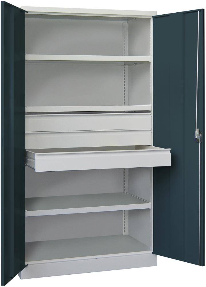 Schwerlastschrank m.TürenH1950xB1040xT630 mm 3 FB, SL 3 x FH 125 mm RAL 7035 - Artikel: 7830354311