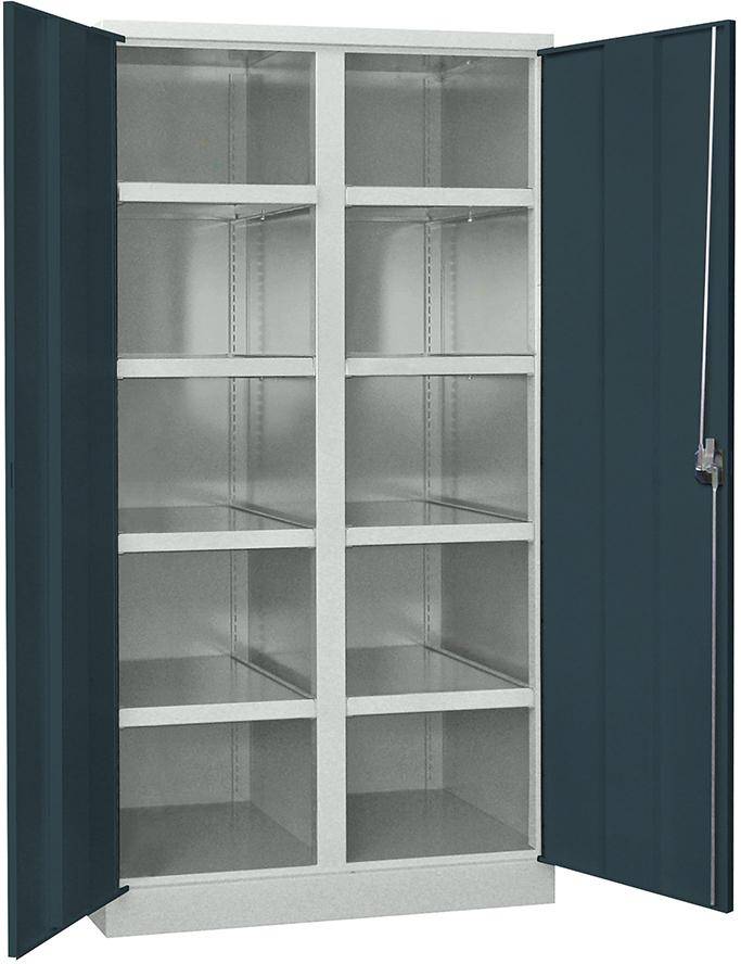Schwerlastschrank m.TürenH1950xB1040xT630 mm 8 Böden RAL 7035 Mittelwand - Artikel: 7830354335