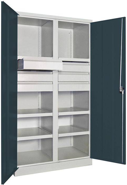 Schwerlastschrank m.TürenB1040xT630xH1950 mm 6 FB, SL 6 x FH 125 mm RAL 7035/7016 Mittelwand - Artikel: 7830354269