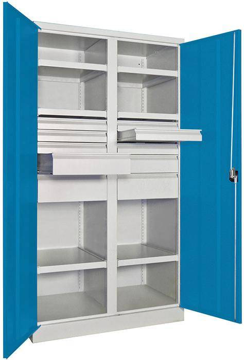 Schwerlastschrank m.TürenB1040xT630xH1950 mm 6 FB,SL 6x75,2x125,175mm RAL 7035/5012 Mittelwand - Artikel: 7830354280
