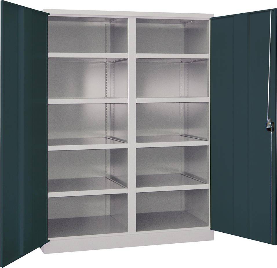 Schwerlastschrank m.TürenH1950xB1470xT630 mm 8 Böden RAL 7035 Mittelwand - Artikel: 7830354363