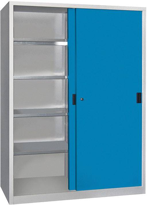 Schwerlastschrank H1950xB1500xT600 mm 8 Böden verz. Mittelwand RAL 7035/5012 Schiebetür - Artikel: 7830354384