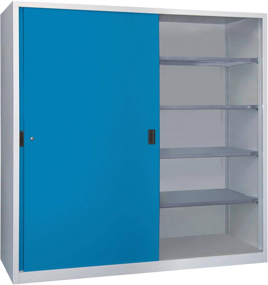 Schwerlastschrank H1950xB2000xT600 mm 8 Böden verz. Mittelwand RAL 7035/5012 Schiebetür - Artikel: 7830354396