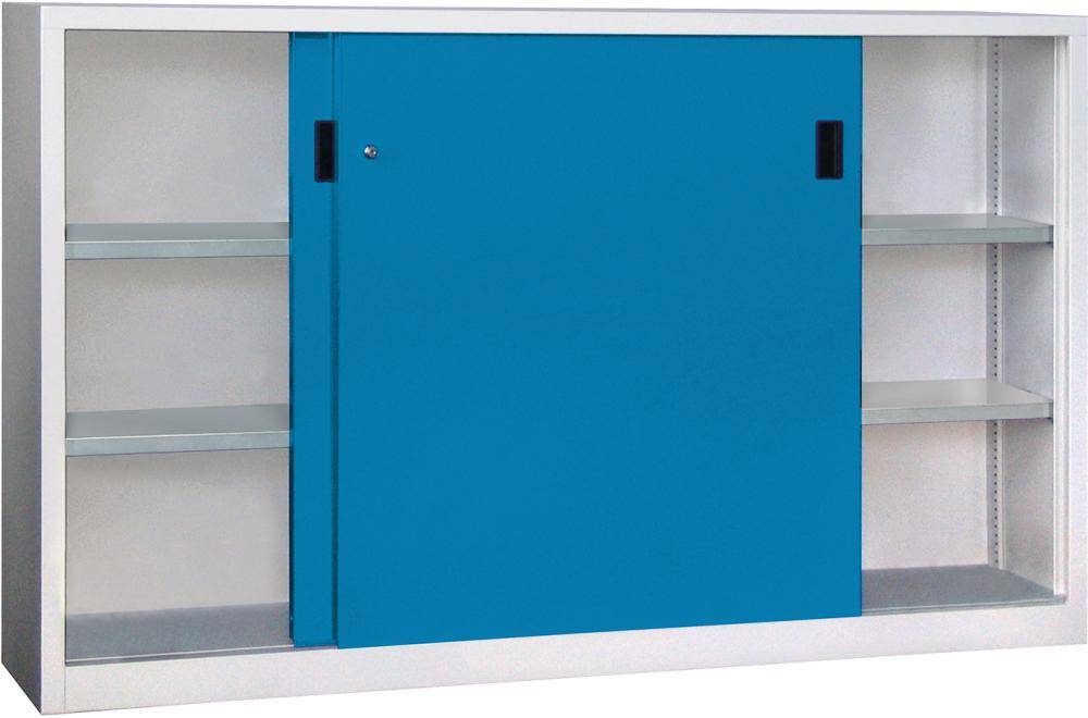 Schwerlastschrank H1200xB2000xT400 mm 4 Böden verz. Mittelwand RAL 7035/5012 Schiebetür - Artikel: 7830354412