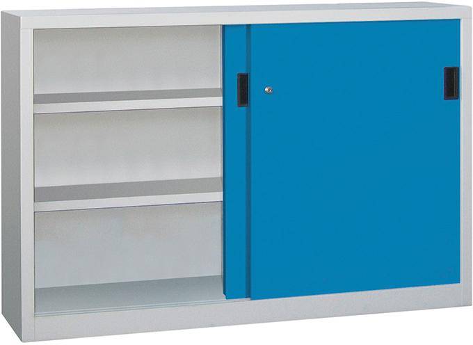 Schwerlastschrank H1000xB1500xT500 mm 4 Böden verz. Mittelwand RAL 7035/5012 Schiebetür - Artikel: 7830354428